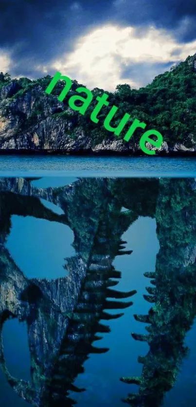 Island reflection with artistic nature design on phone wallpaper.