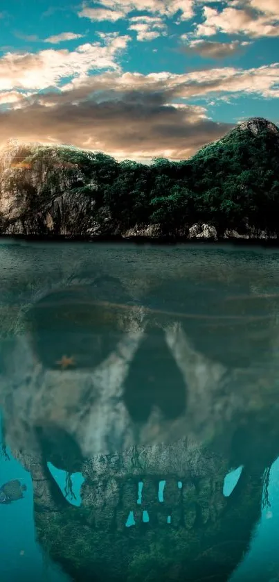 Mystical island with skull reflection in the serene ocean waters.