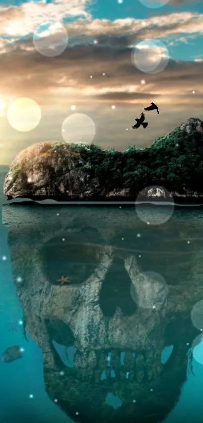 Mystical island with skull reflection in turquoise waters.