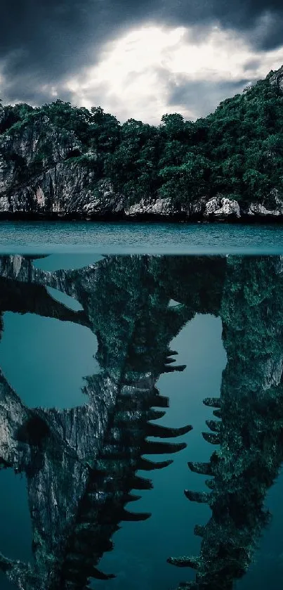 Island and skull reflection with dramatic sky.