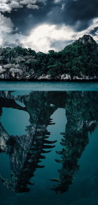 Mystical island with hidden dinosaur reflection beneath teal waters.