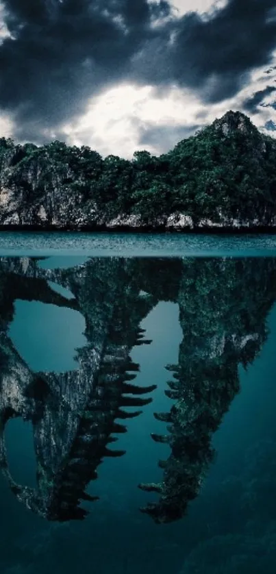 Island with teal underwater dinosaur skull reflection.