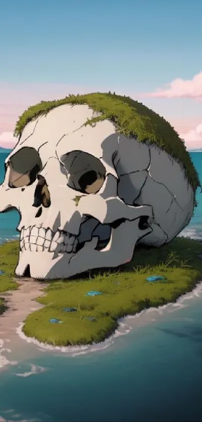 Skull island covered in grass on tranquil ocean background.