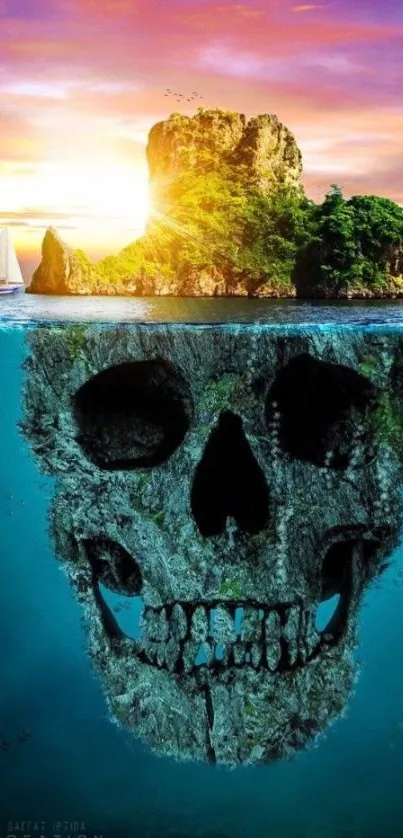 Mystical island landscape with skull art beneath ocean.