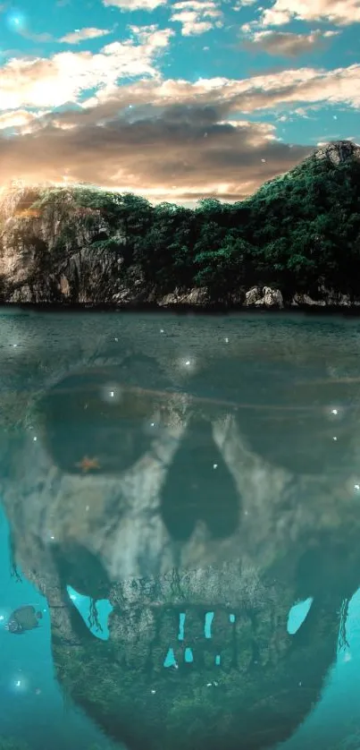 Island with skull reflection in water under a mystical sky.