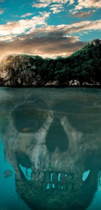 Island with a skull reflected in ocean waters beneath a vibrant sky.