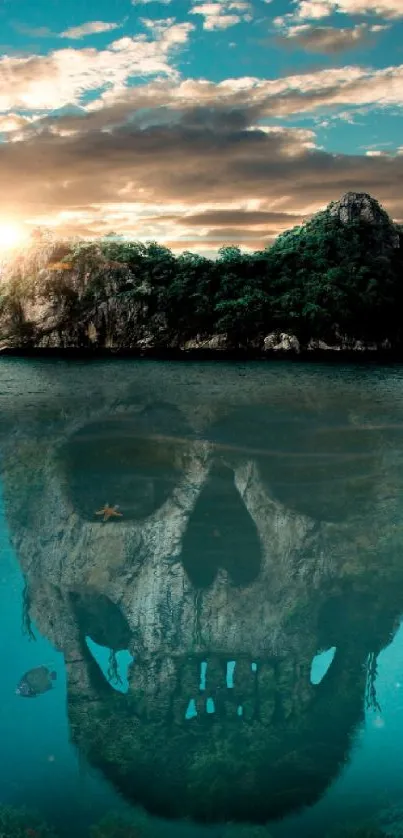 Skull reflection beneath an island at sunset in oceanic scene.