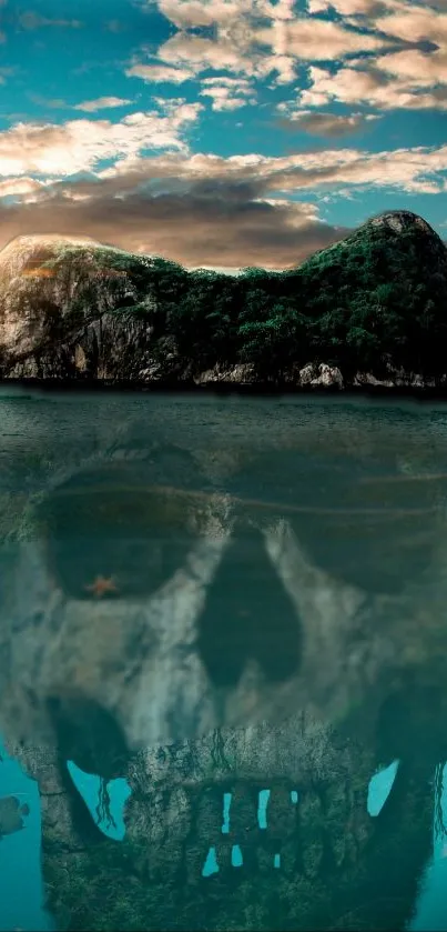 Island with skull reflection in turquoise water.