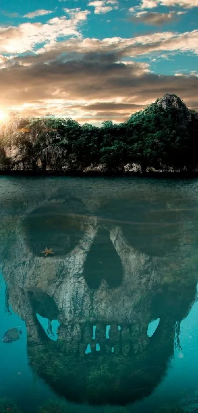 Island with skull reflection in ocean at sunset.