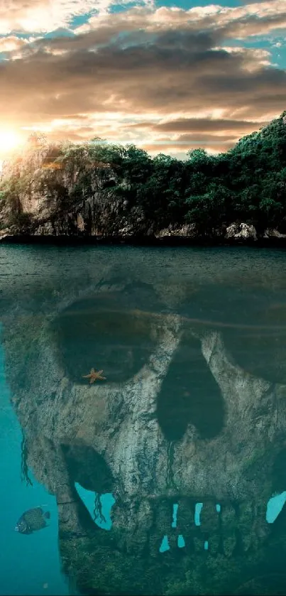 Island with a skull reflected in the water at sunset.