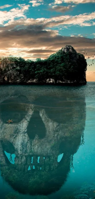 Island with a skull reflection under the ocean at sunset.