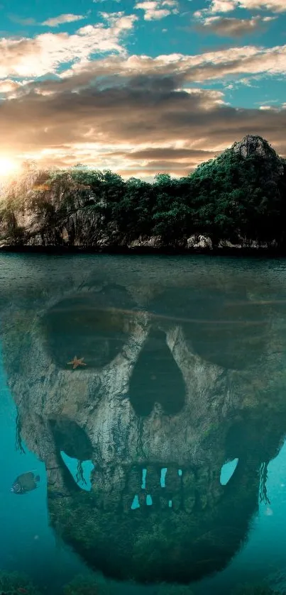 Island and skull illusion with ocean view and sunset sky.