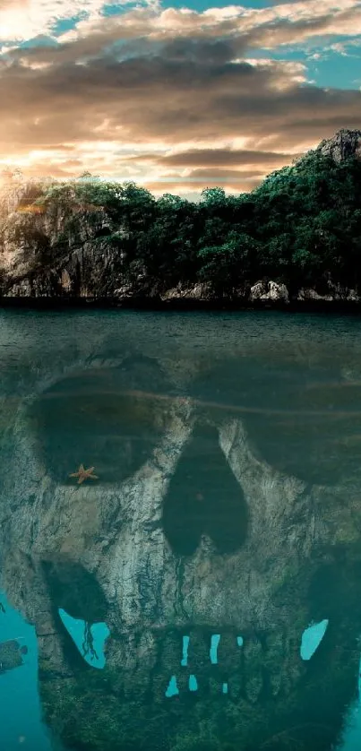 Mystical island with hidden skull under ocean water at sunset.