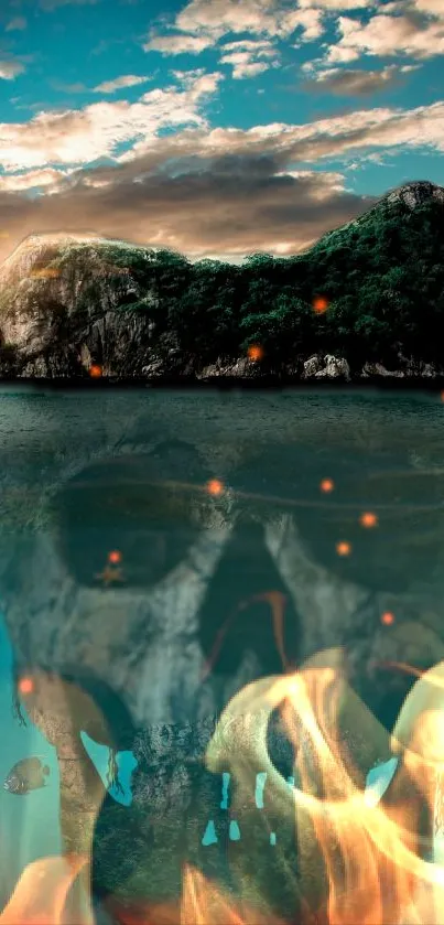 Mystical island with a skull and fire elements in ocean wallpaper.