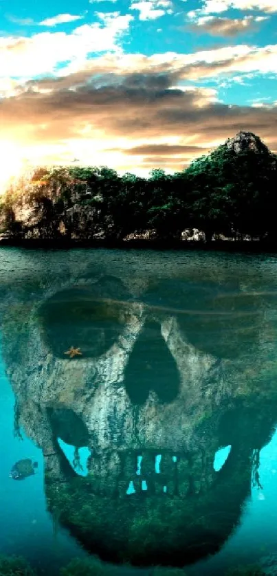 Island with a skull reflected in the ocean, under a captivating sky.