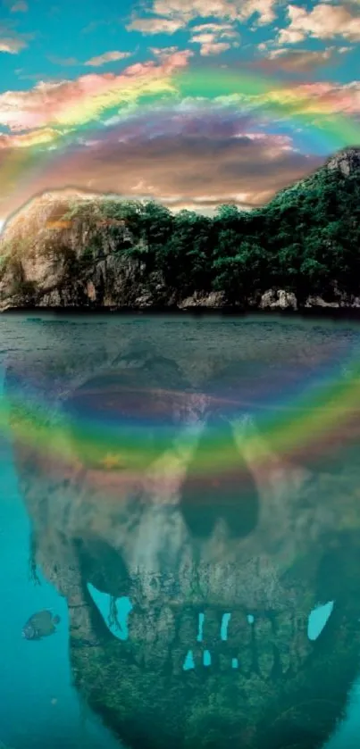 Mystical island with skull reflection, vibrant colors over ocean.