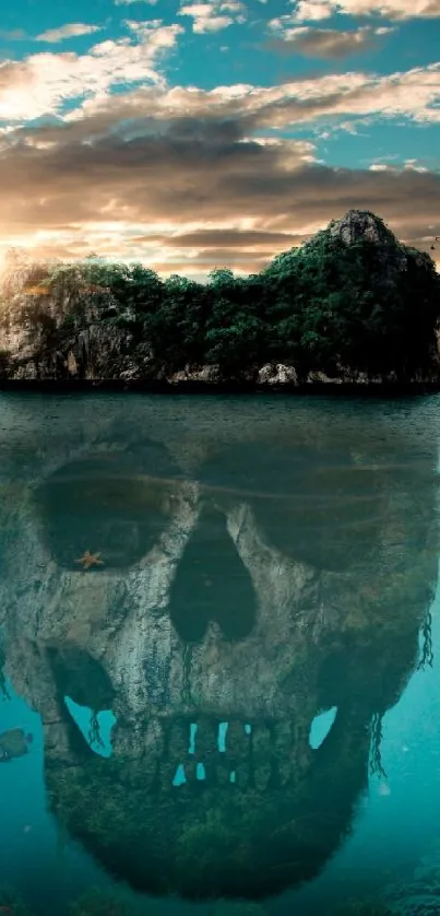 Island and skull reflection in the ocean wallpaper.