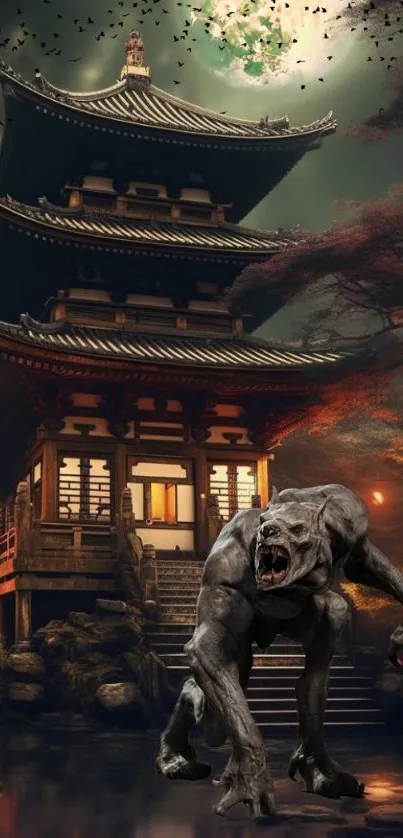 Fantasy creature in front of Japanese temple at night, lush landscape.