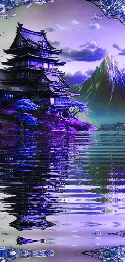 Mystical Japanese landscape with water reflections and pagoda.