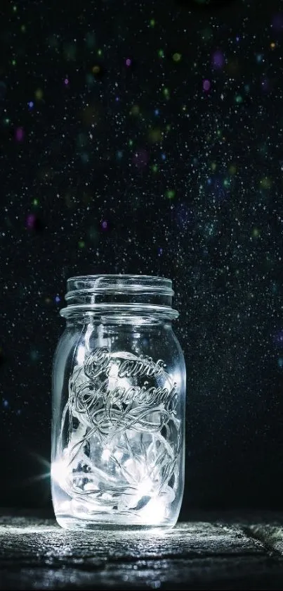 Mystical glowing jar against a starry night background.