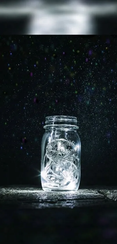 Glowing jar under a starry night sky on a mobile wallpaper.