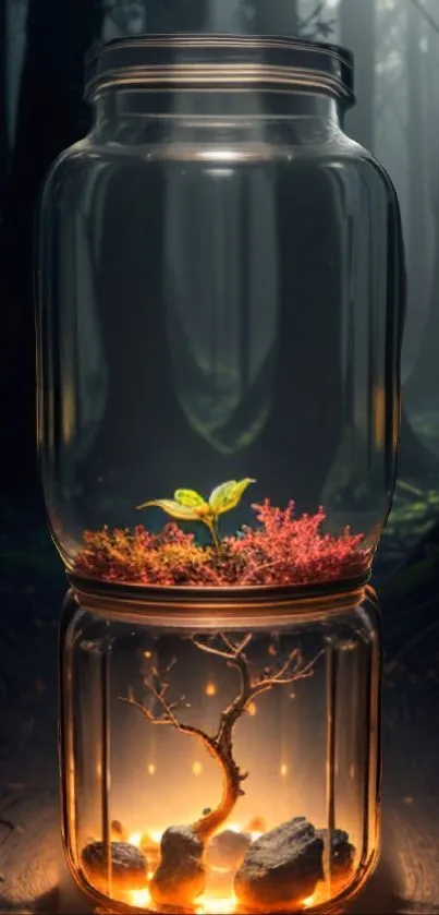 Jar with miniature tree glowing in a dark forest.