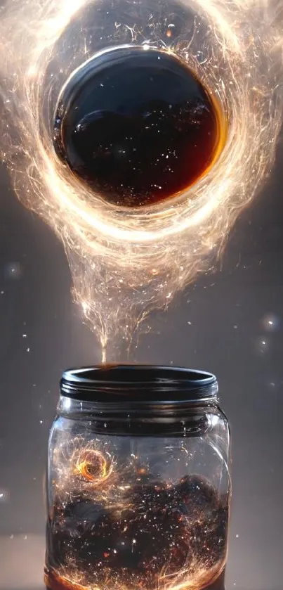 A mystical energy orb hovers above a jar in a captivating cosmic wallpaper.