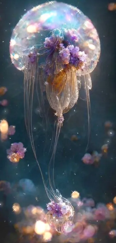 Ethereal jellyfish with blossoms against a dark ocean background.