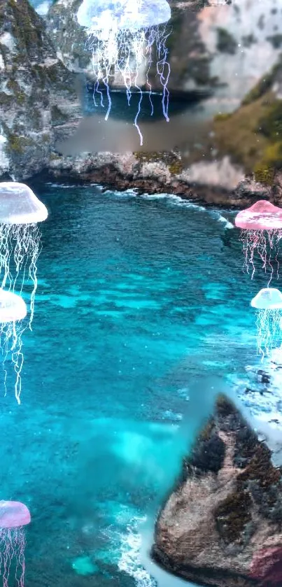 Fantasy wallpaper of glowing jellyfish in a turquoise ocean cove.