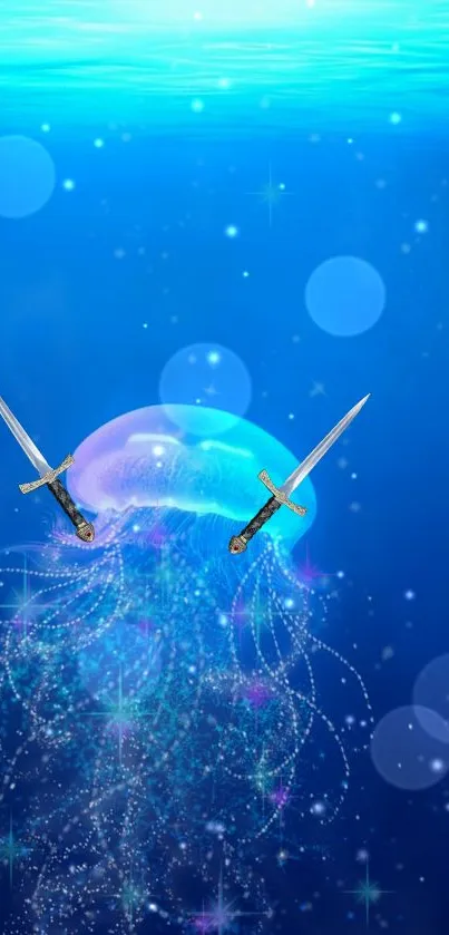 Blue jellyfish with swords and sparkling bubbles artwork.