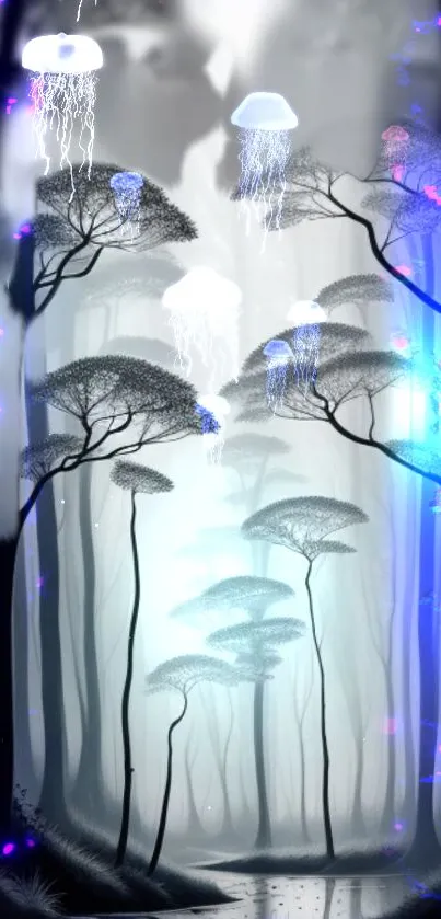 Mystical forest with glowing jellyfish art.