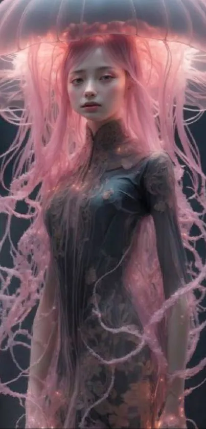 Artistic portrayal of a girl enveloped in a pink jellyfish theme