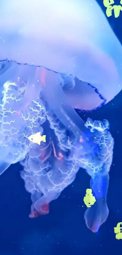 Glow of a jellyfish against a deep blue ocean background.