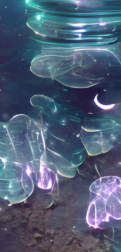 Ethereal underwater display of glowing jellyfish in dark teal hues.