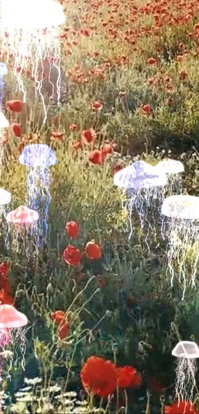 Dreamy meadow scene with floating jellyfish.