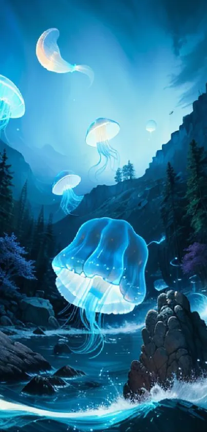 Surreal night scene with glowing jellyfish and forested mountains.