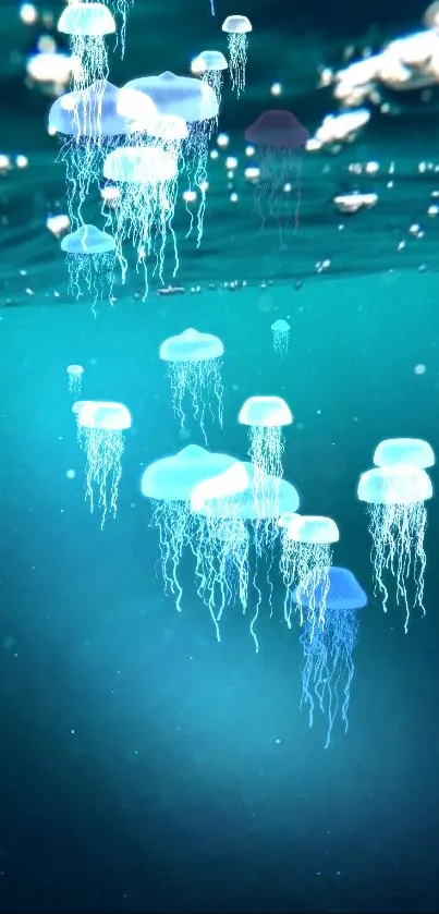 Mystical ocean scene with glowing jellyfish in teal waters.