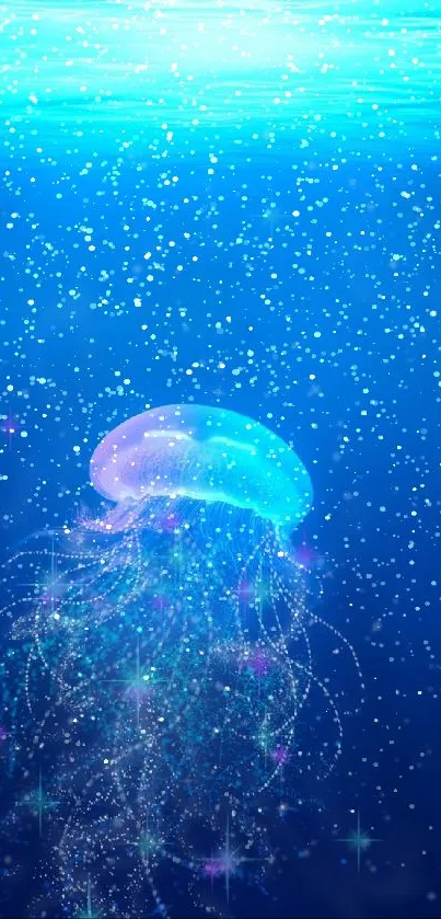 Glowing jellyfish in deep blue ocean background wallpaper.