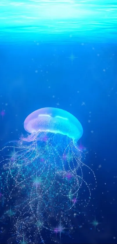 Jellyfish glowing in vibrant blue ocean depths with mystical underwater charm.