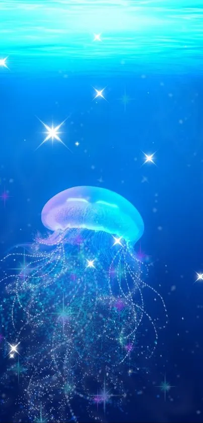 Enchanting jellyfish glides in a starry ocean, evoking a sense of calm and wonder.