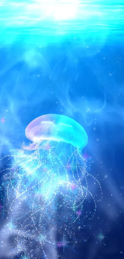 Mystical jellyfish glows in deep blue ocean wallpaper.