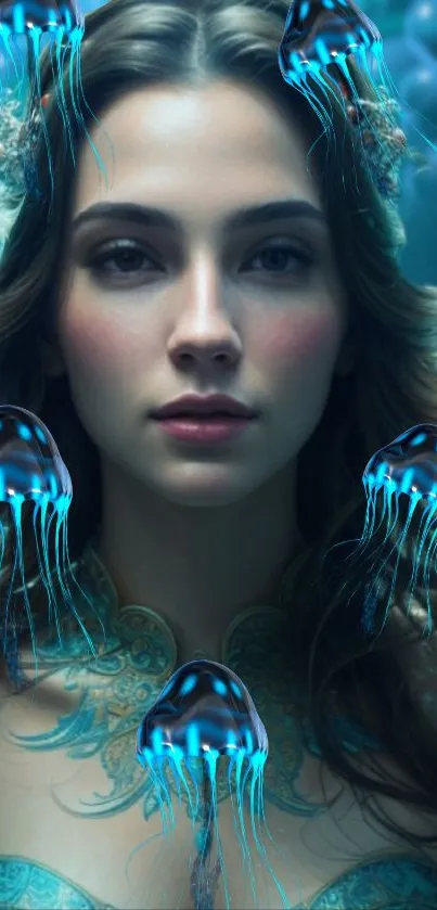 Woman surrounded by glowing jellyfish in an underwater fantasy scene.