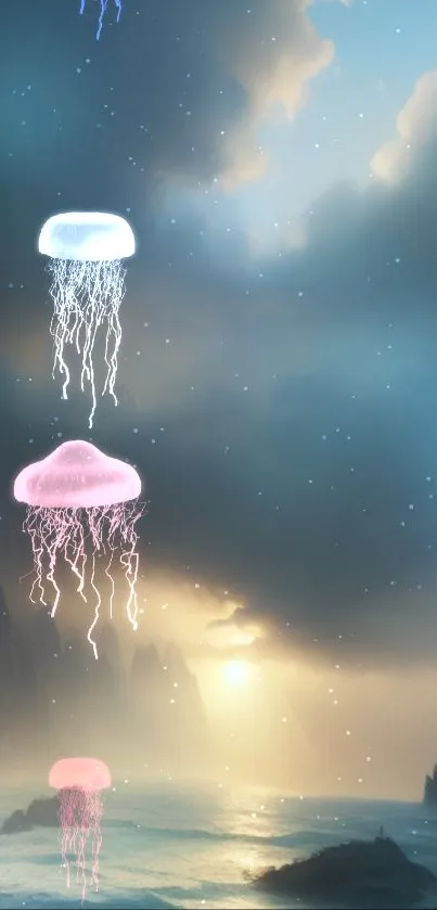 Mystical wallpaper with glowing jellyfish in a surreal ocean sky.