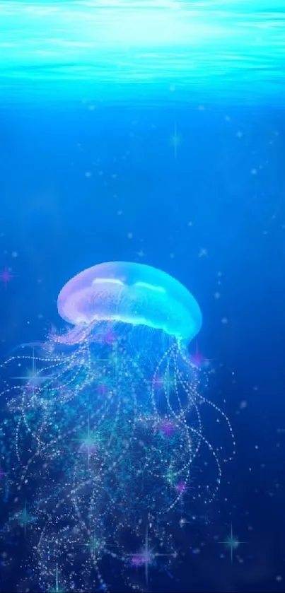 Ethereal jellyfish glowing in a serene, deep blue underwater scene.