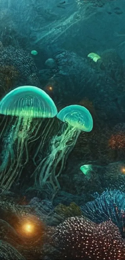 Mystical jellyfish glowing in underwater ocean scene with vibrant blues.