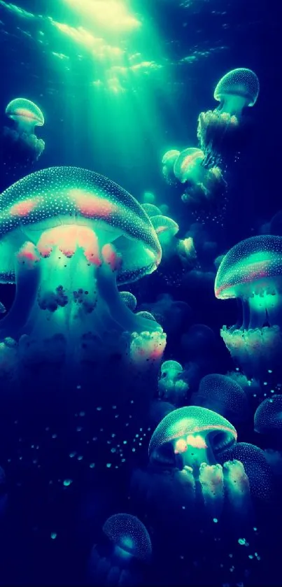 Glowing jellyfish in ocean scene mobile wallpaper.