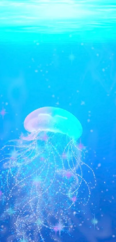 Mystical jellyfish glows in blue underwater wallpaper.