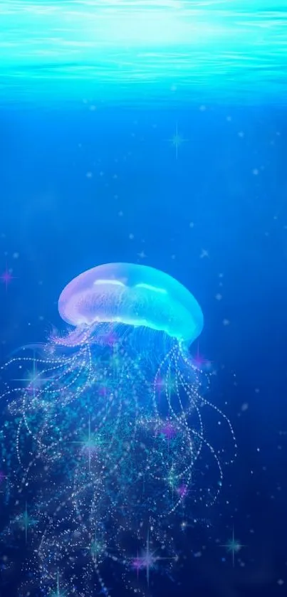 Enchanting jellyfish glowing in deep blue ocean waters.