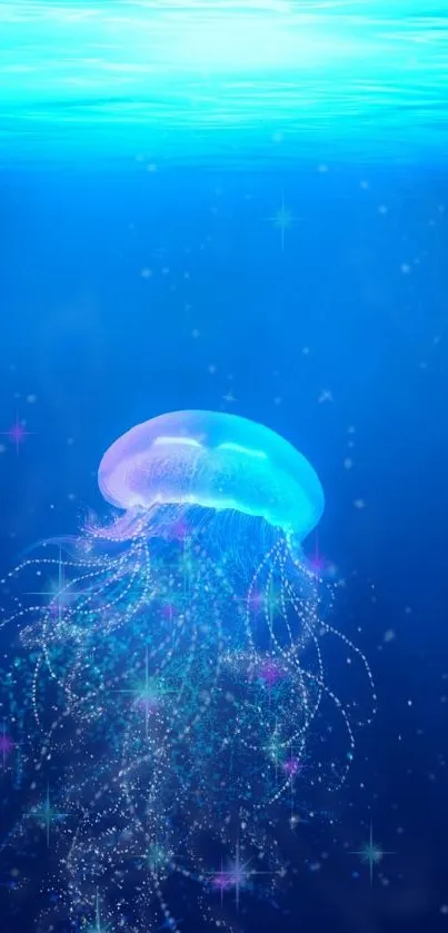 Ethereal vibrant jellyfish in blue ocean.