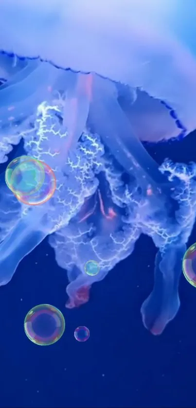 Mystical jellyfish with bubbles in an underwater scene, vibrant and serene.